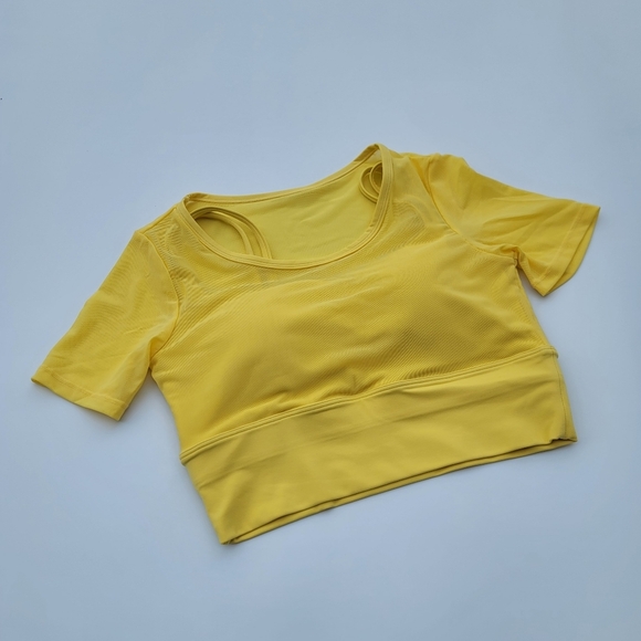 Pedigree Double Layered Mesh Crop Tee with Sports Bra Liner | Yellow - Picture 1 of 10